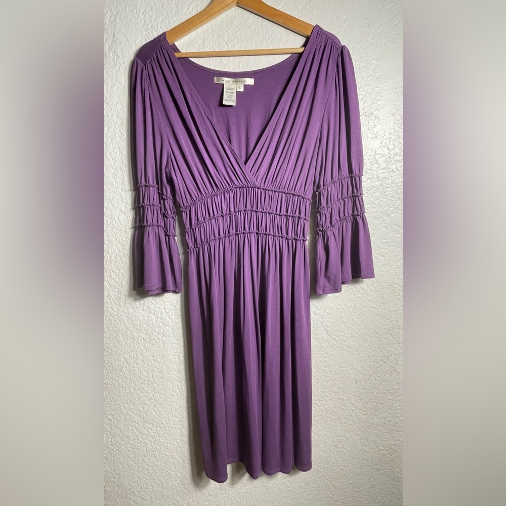Max Studio Purple Women's Dress Ruched Waist & Sleeves Size L